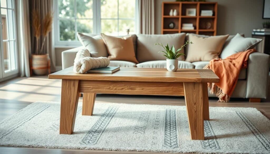 A beautifully crafted DIY wood couch table, made from rich oak, showcasing intricate wood grains and a rustic finish, sits in a cozy living room setting. In the foreground, the table features stylish design elements like tapered legs and a smooth surface, perfectly styled with a soft, warm throw and a small potted plant. The middle ground displays a plush, inviting couch adorned with neutral-colored cushions. In the background, sunlight streams through large windows, bathing the space in soft, natural light, creating an airy, serene atmosphere. This inviting scene captures a peaceful weekend vibe, encouraging relaxation and productivity, with a focus on craftsmanship and homely comfort.