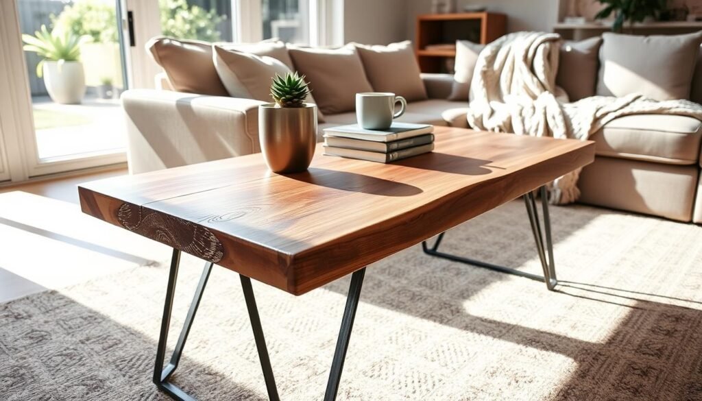 A beautifully crafted DIY wood couch table, showcasing a rustic design with a polished finish, set in a cozy living room. In the foreground, the table features natural wood grain, with stylish metal legs that provide a modern touch. On top, a few decorative items—a small potted plant, a coffee mug, and a stack of books—highlight its functionality for daily use. The middle ground reveals a comfortable couch draped with a soft throw blanket. In the background, large windows allow bright natural light to stream in, creating a warm and inviting atmosphere. Soft sunlight casts gentle shadows, enhancing the wood's texture. The image captures a serene, lived-in feel, perfect for illustrating practical home décor.