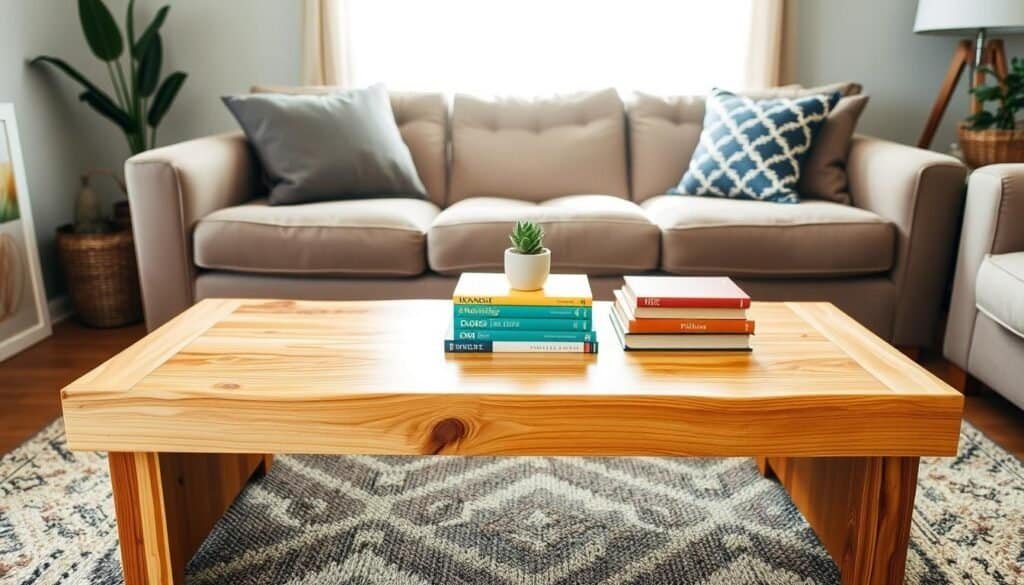 A beautifully crafted DIY wood couch table, showcasing warm, rustic wood grains, positioned prominently in a cozy living room setting. The table features clean lines and simple joinery, with a natural finish that highlights its craftsmanship. In the foreground, the table is adorned with a small potted plant and a stack of colorful books, inviting a sense of homeliness. The middle of the image reveals a plush couch with soft cushions, creating a welcoming atmosphere. In the background, a window allows bright, soft sunlight to filter through sheer curtains, illuminating the space and enhancing the warmth of the wood. The overall mood is inviting and serene, perfect for a quick weekend project that enhances home décor.
