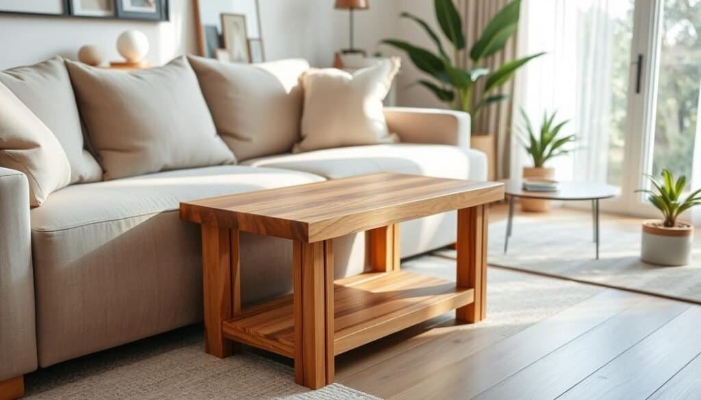 A beautifully crafted DIY wood couch table sits elegantly beside a cozy sofa, showcasing its natural grain and warm tones. The table features clean lines with a minimalist design, incorporating a simple shelf beneath for added utility. Soft sunlight filters through a nearby window, casting gentle shadows that enhance the wood's texture. In the background, a tastefully decorated living room showcases modern decor elements, creating an inviting atmosphere. The scene is captured at a slight angle, emphasizing the table’s functionality and aesthetic appeal within a serene, airy space, filled with plants and warm-toned furnishings. The overall mood is inviting and relaxed, highlighting the beauty of artisanal craftsmanship.