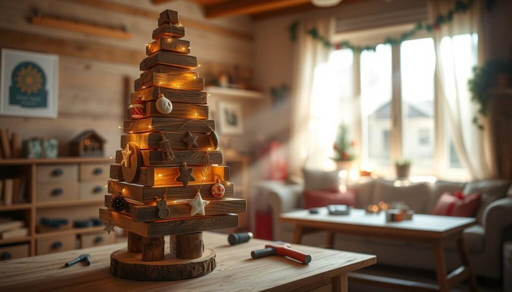 A beautifully crafted DIY wooden Christmas tree made from rustic, reclaimed wood, displayed in a cozy, well-lit living room. In the foreground, the tree showcases unique handmade ornaments and warm fairy lights. The middle ground captures a simple wooden workbench with scattered tools like a saw and hammer, emphasizing the DIY aspect. In the background, there are soft sunlight rays streaming through a window, illuminating the space and creating an inviting, cheerful atmosphere. The room is decorated with festive accents, like a few wrapped gifts and seasonal greenery, enhancing the holiday feel. The overall mood is warm and festive, perfect for showcasing a seasonal wooden project.