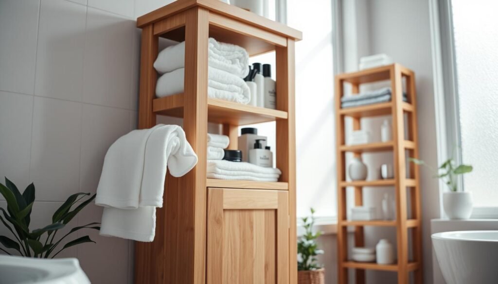 A beautifully crafted DIY wooden bathroom storage tower, elegantly displaying neatly stacked linens and essential toiletries. The tower, made of warm, natural wood with a smooth finish, features several open shelves and a closed cabinet section. In the foreground, showcase a white towel neatly draped over the edge. The middle ground includes the storage tower against a light, airy bathroom backdrop with soft, natural light streaming through a frosted window, creating gentle shadows. Add some potted greenery for a lively touch. The angle should be slightly from below, capturing the height and design of the tower. The mood is fresh and organized, evoking a sense of tranquility and practicality perfect for any modern bathroom.