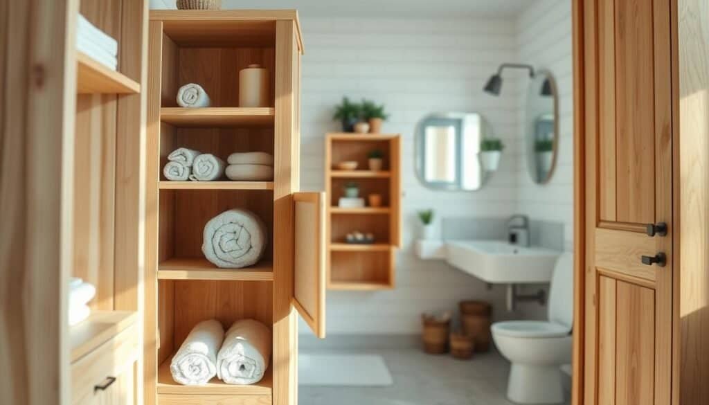 A beautifully crafted DIY wooden bathroom storage tower, featuring a combination of open shelving and closed cabinets, designed to maximize small spaces. The tower is made from light-colored wood with a smooth finish, showcasing clean lines and functional design. In the foreground, a neatly organized space reveals rolled towels and bathroom essentials placed on the shelves, while the closed cabinets are slightly ajar, hinting at more storage inside. The middle includes a soft-focus bathroom setting with decorative plants and natural light streaming in through a nearby window, creating a bright and inviting atmosphere. In the background, minimalistic bathroom tiles complement the warm wood tones, enhancing the overall cozy yet modern feel. Capture this scene with a wide-angle lens for a spacious look, highlighting the airy and well-lit ambiance.