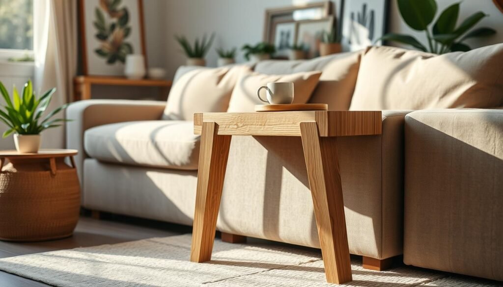 A beautifully crafted DIY wooden couch side table sits elegantly beside a plush, inviting sofa in a cozy living room. The table features a warm, natural wood grain finish with a sleek design, showcasing sturdy legs that harmonize seamlessly with the overall decor. Soft natural sunlight streams in through a nearby window, casting gentle rays that highlight the table’s craftsmanship and the couch’s rich textures. In the background, inviting decor elements like potted plants and framed art pieces create a warm and welcoming atmosphere. The scene captures a sense of functional elegance, perfectly suited for adding warmth to any home, with soft focus and a slight angle that accentuates the table’s detail while remaining airy and bright.