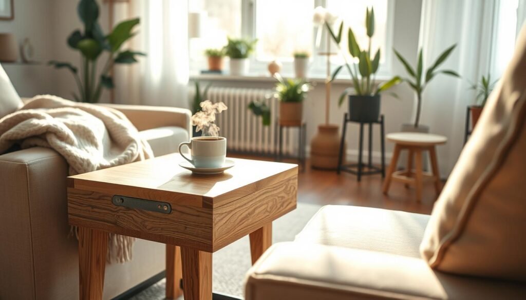 A beautifully crafted DIY wooden couch side table sits elegantly in a cozy living room setting. The table features a natural wood finish, highlighting the unique grain patterns, complete with stylish metal accents for a touch of modernity. In the foreground, a steaming cup of coffee rests on the table, and a plush throw blanket is casually draped over the arm of a nearby couch. In the middle ground, soft sunlight streams through a large window, casting warm, inviting light that enhances the wood's texture. The background showcases tastefully arranged indoor plants and minimalist decor, adding to the room’s airy feel. The overall mood is serene and inviting, perfect for enjoying moments of relaxation and comfort.