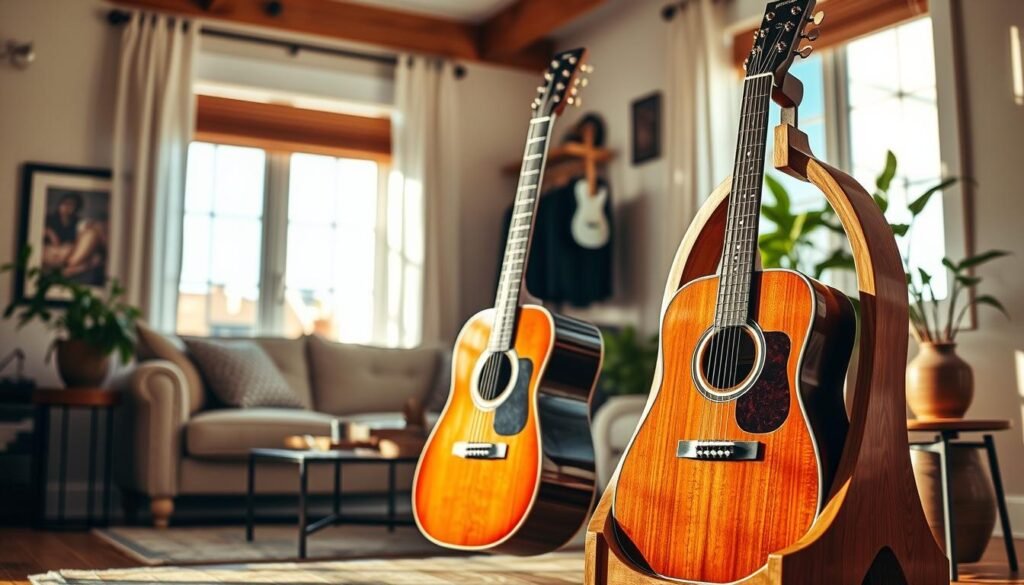 A beautifully crafted DIY wooden guitar display stands prominently in a cozy, well-lit living room. In the foreground, the guitar display showcases a stunning acoustic guitar, its polished wood gleaming under soft, natural sunlight filtering through a nearby window. The wooden frame is intricately designed with elegant curves and a warm finish, enhancing the guitar's aesthetic. The middle ground features plush furniture and tasteful décor, creating an inviting atmosphere. In the background, potted plants catch the light, adding a touch of greenery. The overall mood is warm and artistic, radiating a sense of craftsmanship and passion for music. The composition is captured from a slightly angled perspective, emphasizing the display's depth and craftsmanship, with bright natural lighting illuminating the scene.