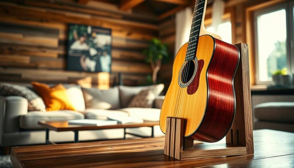 A beautifully crafted DIY wooden guitar holder displaying a stunning acoustic guitar, positioned elegantly against a rustic wooden wall. In the foreground, the intricate details of the holder are highlighted, showcasing the smooth grain of the wood and expert craftsmanship. The guitar rests gently in the holder, accentuating its polished surface. In the middle ground, a cozy, well-lit living space is visible, filled with warm, natural light filtering through a window, creating soft shadows that add depth. In the background, a subtle hint of musical notes on a nearby coffee table complements the scene, conveying a serene and productive atmosphere. The image is captured with a soft focus, using a wide-angle lens to emphasize the inviting ambiance of the space, evoking a sense of tranquility and creativity.