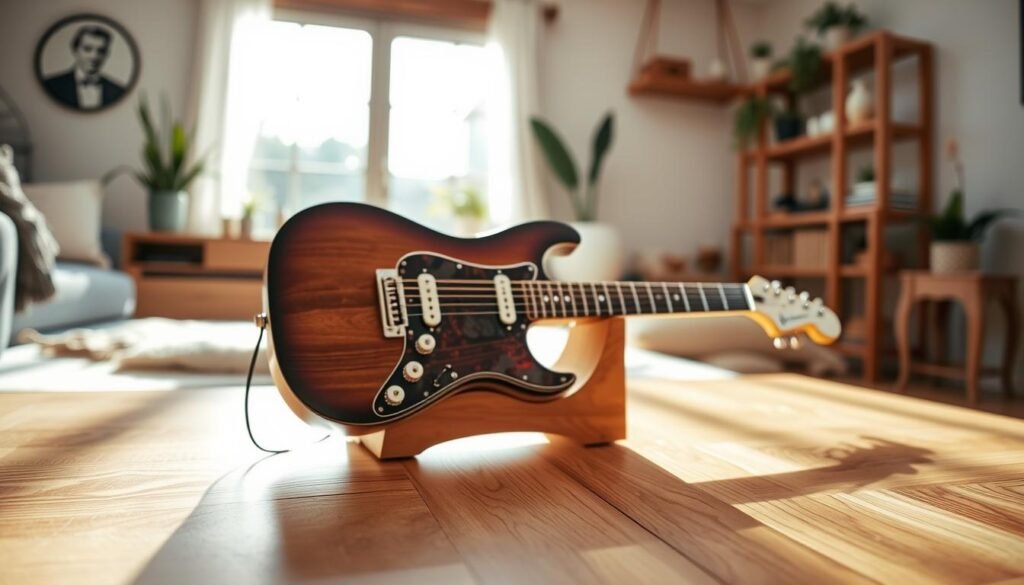 A beautifully crafted DIY wooden guitar holder prominently displayed against a warm, inviting backdrop. In the foreground, the holder showcases an electric guitar with a glossy finish, elegantly resting in its cradle. The middle ground features rich, polished wood grain textures of the holder, highlighting skilled craftsmanship with smooth edges and natural wood stains. In the background, soft sunlight filters through a large window, illuminating the scene with a gentle, airy ambiance. The room has a cozy aesthetic with subtle hints of home decor—such as potted plants and wooden shelves—creating a harmonious atmosphere. The overall mood is warm and inviting, perfect for showcasing musical instruments in a stylish home setting.