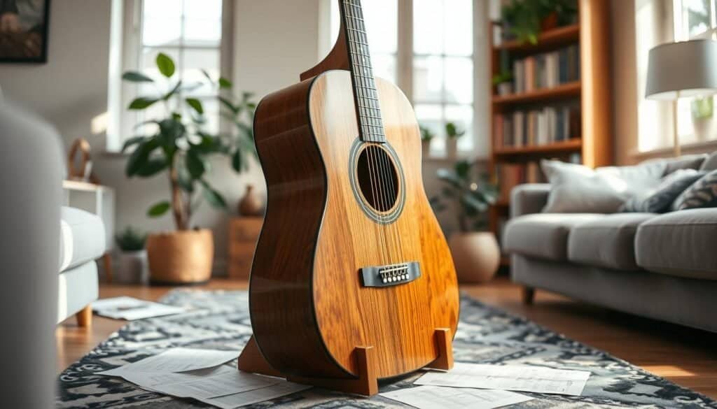 A beautifully crafted DIY wooden guitar holder prominently displayed in a cozy, well-lit living room setting. In the foreground, the guitar holder, made from rich, polished oak wood, cradles an acoustic guitar with detailed grain visible, showcasing the craftsmanship. Soft sunlight filters through a nearby window, casting gentle shadows and highlighting the natural textures of the wood. In the middle ground, a stylish rug and some scattered music sheets add a touch of homey elegance, while in the background, tasteful houseplants and a bookshelf filled with music books create a warm atmosphere. The overall mood is inviting and artistic, perfect for music lovers and home decorators alike. The scene is captured with a slightly blurred depth of field to emphasize the guitar holder, evoking a sense of tranquility and creativity.