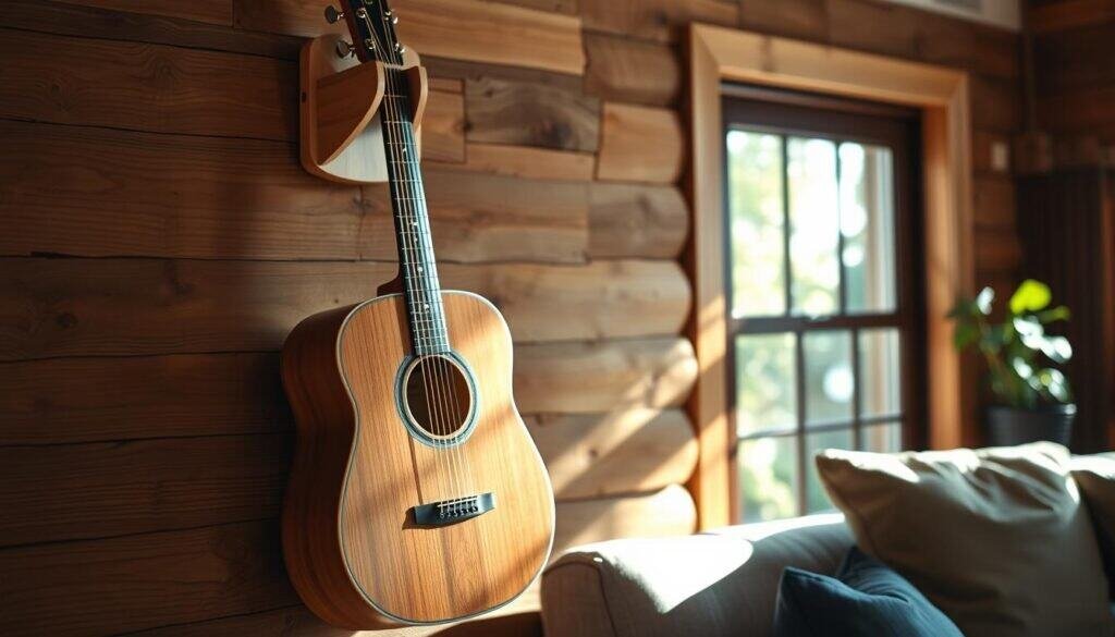 A beautifully crafted DIY wooden guitar holder showcased as functional wall art in a cozy, well-lit living space. In the foreground, the holder is designed with elegant curves and a warm wood finish, cradling an acoustic guitar with a polished body. The middle ground features a rustic wooden wall, subtly textured, enhancing the warm atmosphere. Soft natural sunlight filters through a nearby window, casting gentle highlights on the guitar and holder, illuminating their details. In the background, hints of greenery can be seen through the window, adding a fresh touch to the scene. The overall mood is inviting, showcasing the holder as both a practical item and an appealing decorative piece in the home. The composition should maintain a clear focus on the guitar holder, with a slight depth of field to create a dreamy effect.
