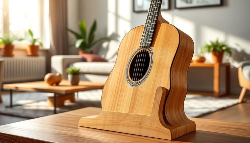 A beautifully crafted DIY wooden guitar holder, showcasing a unique and artistic design. The holder is made of light-colored pine wood with smooth finishes, featuring elegant curves and a sturdy base. Positioned prominently in the foreground, the guitar holder displays an acoustic guitar, which is resting gently in its embrace, allowing the guitar's rich tones and textures to be appreciated. In the middle ground, a warm, inviting living room setting can be seen, with soft sunlight streaming through a nearby window, creating gentle shadows and highlights. The background features minimalistic decor, such as potted plants and a wooden coffee table. The atmosphere is cozy and artistic, emphasizing the guitar holder as a functional piece of art in a bright, airy space. The image captures warmth, creativity, and a sense of craftsmanship.