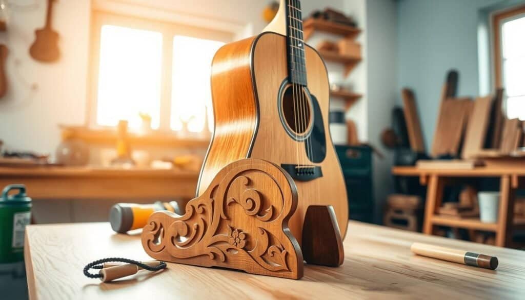 A beautifully crafted DIY wooden guitar holder, showcasing intricate decorative elements like carved floral designs and smooth polished finishes. In the foreground, the holder supports an acoustic guitar, highlighting the craftsmanship and attention to detail. The middle ground features a serene workspace with tools like a saw and wood stain, emphasizing the joy of DIY projects. The background captures a cozy workshop bathed in bright, natural light, with soft sunlight filtering through a nearby window, illuminating the wooden surfaces. The atmosphere is warm and inviting, evoking a sense of creativity and relaxation. The image should be shot from a slightly elevated angle to provide depth and a comprehensive view of the holder and workspace.