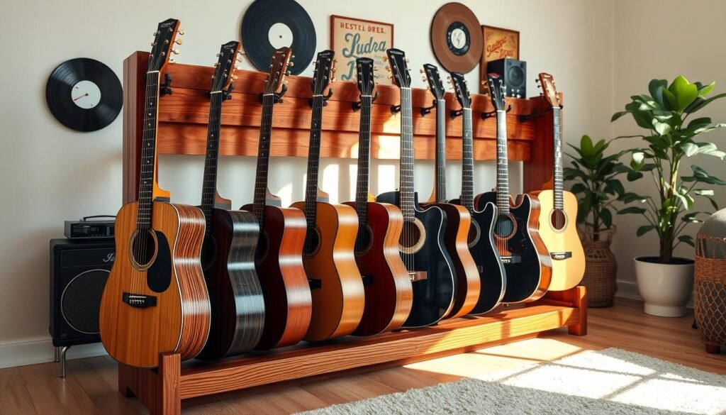 A beautifully crafted DIY wooden guitar rack in a cozy, well-lit living room setting. The rack showcases several guitars, displaying a mix of acoustic and electric styles, meticulously arranged to highlight craftsmanship. The foreground features rich, polished wood with intricate joinery details, emphasizing a warm and inviting texture. In the middle, there are soft, natural light beams illuminating the rack, casting gentle shadows and enhancing the grain of the wood. In the background, a few music-themed decorations, such as vintage records and a potted plant, create a harmonious atmosphere. The scene has an airy feel, embodying a sense of satisfaction and pride in homemade craftsmanship, perfect for musicians and collectors alike.