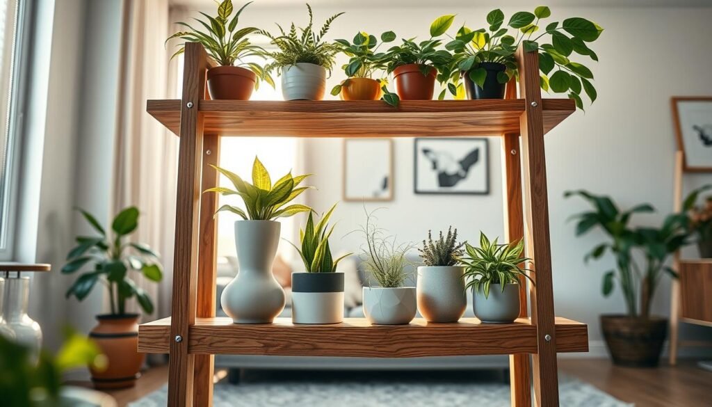A beautifully crafted DIY wooden plant shelf stands prominently in the foreground, showcasing a variety of vibrant green plants in elegant ceramic pots. The middle of the scene reveals the intricate woodworking details of the shelf, highlighting its textured wood grain and sturdy design. Soft, warm natural light filters through a nearby window, casting gentle shadows and creating an inviting, airy atmosphere. In the background, a well-decorated room hints at a cozy living space, with subtle decor elements that complement the plants. The image captures a serene, organized vibe, emphasizing harmony in home décor. The composition is shot at eye level using a wide-angle lens to enhance the shelf's presence, making it the focal point of the serene environment.