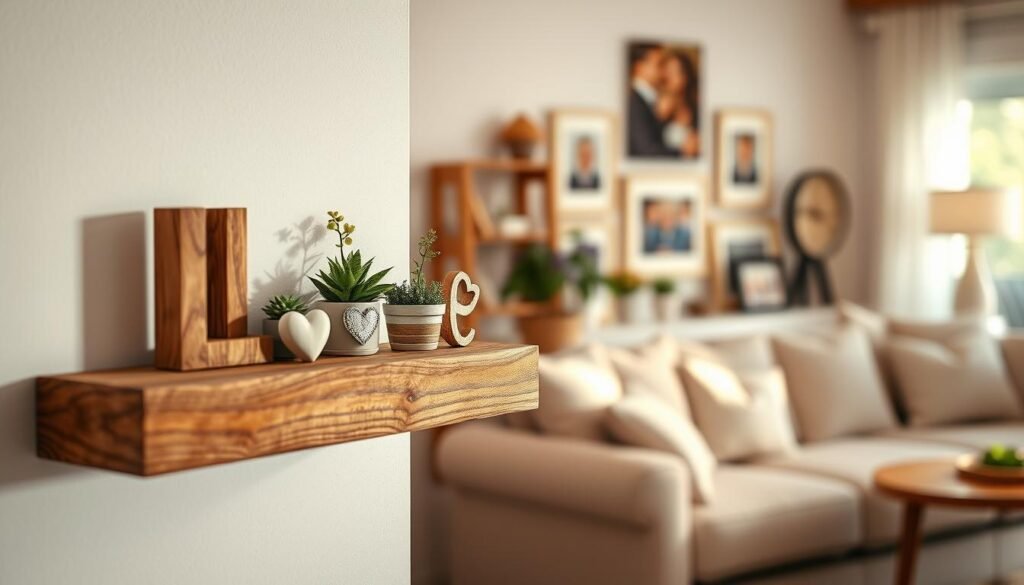 A beautifully crafted "Love" shelf, elegantly designed with rustic wooden planks, adorned with small potted plants and heartfelt mementos. The shelf is positioned in the foreground against a softly lit wall, showcasing intricate wood grain textures. In the middle ground, a cozy living room setting with gentle sunlight streaming through a nearby window enhances the warmth of the scene. The background features softly blurred décor elements like family photos and warm-toned artwork, capturing a serene atmosphere. A shallow depth of field emphasizes the shelf while still hinting at the inviting surroundings. The overall mood is sentimental, evoking feelings of love and warmth, perfect for showcasing home decor that resonates with personal connections.