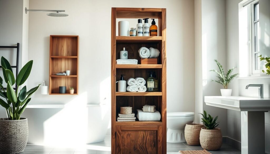A beautifully crafted bathroom storage tower made from reclaimed wood, showcasing rich textures and natural imperfections. The tower should stand tall, featuring multiple shelves filled with neatly arranged towels, organic skincare products, and decorative items. In the foreground, the wood grain is prominent, highlighting its rustic charm. The middle ground features the tower against a softly lit bathroom backdrop, with bright natural light streaming through a nearby window, casting gentle shadows. The background includes minimalistic bathroom elements like potted plants and a neutral-colored wall, enhancing the sense of warmth and elegance. The atmosphere is calm and inviting, with an airy vibe created by the soft sunlight. Capture this scene with a wide-angle lens to encompass the entire tower in a well-lit setting, ensuring a modern yet cozy aesthetic.