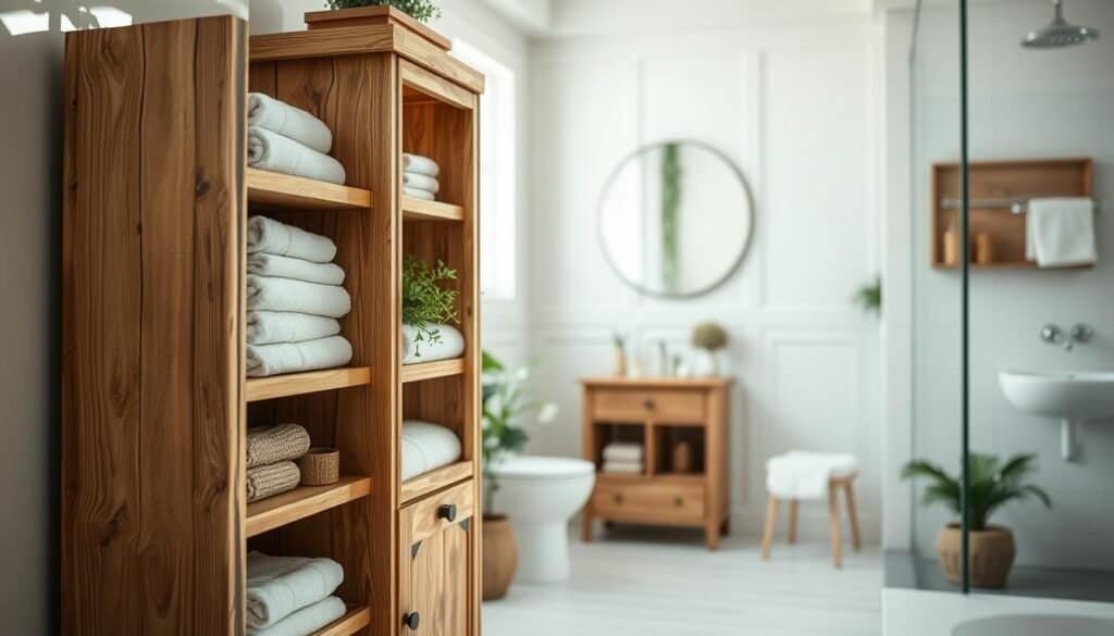 A beautifully crafted bathroom storage tower made from reclaimed wood, showcasing rustic charm and natural textures. The tower stands tall, featuring multiple shelves filled with neatly arranged towels and greenery, emphasizing functionality and style. The foreground displays the tower with close attention to the grain and weathered finish of the wood, while soft, natural lighting filters through an airy bathroom space. In the background, soft hues of pastel tiles and minimalistic decor enhance the serene atmosphere. The overall mood is calming and inviting, capturing the essence of a DIY project that brings warmth to a home. The scene is well-lit with gentle sunlight, creating a bright and uplifting environment. Shot from a slightly elevated angle for a comprehensive view of the tower and its surroundings.