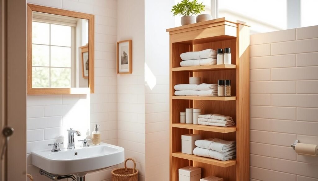 A beautifully crafted bathroom storage tower made of light-colored wood stands elegantly in a cozy bathroom setting. In the foreground, the tower showcases multiple open shelves neatly arranged with neatly folded towels, decorative jars, and essential toiletries. The middle ground features a stylish, modern sink with polished chrome fixtures, complementing the storage tower. In the background, soft white tiles and a large window allow bright natural light to flood the space, creating a serene atmosphere. Sunlight casts gentle shadows, enhancing the wood grain of the tower. The scene is warm and inviting, evoking a sense of calm and organization, perfect for a weekend DIY project.
