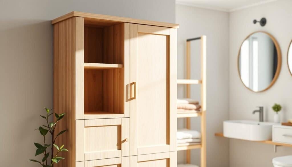 A beautifully crafted bathroom storage tower made of light, natural wood, featuring several open shelves and a closed cabinet with delicate wood grain detail. In the foreground, a small potted plant adds a touch of greenery beside the cabinet. The middle section showcases the storage tower against a softly lit bathroom backdrop, with a hint of colorful linen towels neatly folded on the shelves. The background includes elements like a mirror and subtle wall tiles, creating a cohesive and airy atmosphere. The scene is illuminated with bright, natural light streaming in from a window, casting soft shadows that enhance the textures of the wood. The overall mood is calm and inviting, perfect for a modern yet cozy bathroom setting.