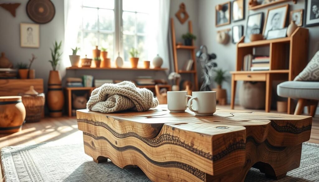 A beautifully crafted cozy living space featuring various DIY wood projects. In the foreground, an intricately designed wooden coffee table made from reclaimed wood, adorned with a cozy knitted throw and a steaming mug. The middle ground showcases a warm wooden shelf filled with potted plants, books, and handmade decorations. The background includes a large window letting in soft, natural light, illuminating the space with a warm glow. The walls display rustic wooden accents and framed pictures. The atmosphere is inviting and serene, evoking a sense of comfort and homeliness. Use bright, airy lighting with soft sunlight filtering through. The scene is devoid of people, focusing solely on the inviting woodcraft details.