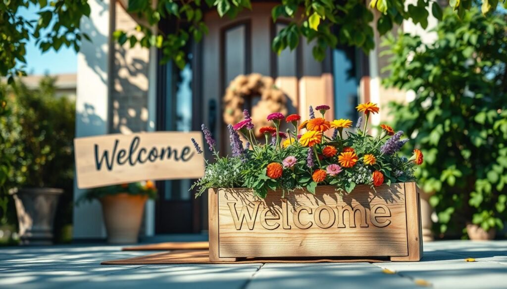 A beautifully crafted entryway welcome sign planter, made from natural weathered wood, stands prominently in the foreground, featuring a rustic hand-painted "Welcome" sign. The planter is overflowing with vibrant seasonal flowers, such as lavender and marigolds, adding a splash of color. In the middle, a cozy doormat with a simple design softly complements the planter. The background includes a charming front door with a welcoming wreath, surrounded by greenery under a clear blue sky. The scene is illuminated by soft, natural sunlight filtering through leaves, creating a warm and inviting atmosphere. The focus is sharp, with a slight depth of field effect to emphasize the planter, evoking feelings of home and comfort in a well-designed entryway.