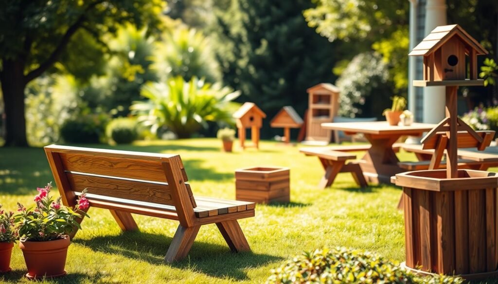 A beautifully crafted outdoor scene featuring timelessly stylish woodcrafts, including a rustic wooden bench and an elegantly designed picnic table, situated on a well-manicured lawn. In the foreground, detail the rich textures of the wood, highlighting the grain and finish, alongside potted plants that bring vibrant colors. The middle ground includes more wood projects like a charming birdhouse and a wooden planter, all bathed in bright natural light. In the background, lush greenery softly blurred creates a serene atmosphere, suggesting harmony with nature. The image is captured from a slightly elevated angle, allowing for a clear view of the craftsmanship. Soft sunlight filters through the trees, enhancing the warm, inviting mood, making the scene perfect for inspiring outdoor DIY projects.