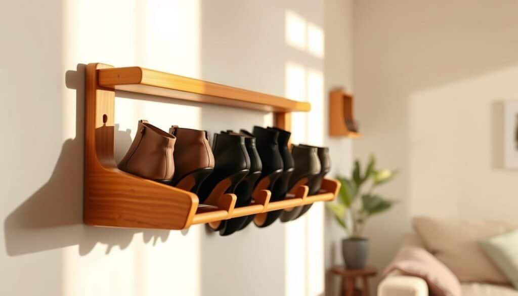 A beautifully crafted wall-mounted shoe rack, showcasing a minimalist design with warm wooden tones and sleek lines. The foreground features a detailed view of the rack, elegantly holding several pairs of stylish shoes in a tidy arrangement. In the middle ground, a light and airy living space is visible, with soft sunlight streaming through a nearby window, casting gentle shadows. The background reveals a neutral wall adorned with subtle, modern décor elements, enhancing the focus on the shoe rack. The overall atmosphere is inviting and practical, evoking a sense of organization and homey charm. The image should capture realistic textures and natural lighting, emphasizing the craftsmanship of the DIY project without any text or distractions.