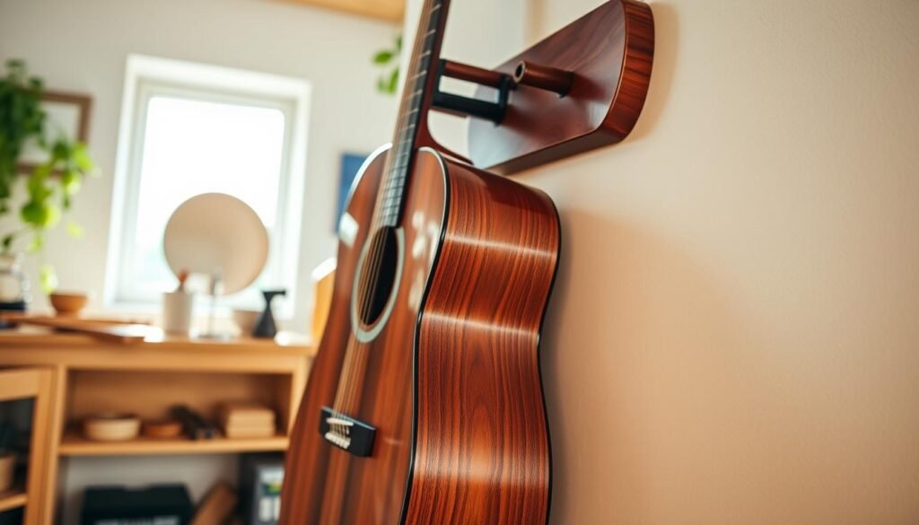 A beautifully crafted wall-mounted wooden guitar holder, made from rich, polished walnut, elegantly displays an acoustic guitar. In the foreground, focus on the intricate details of the holder's design, including smooth curves and visible wood grain, showcasing expert craftsmanship. The middle section features the guitar held securely in place, leaning against the wall, with its glossy finish reflecting soft, natural sunlight. In the background, a cozy, airy room with light-colored walls and a few hints of greenery suggests a creative workshop atmosphere. The scene is bathed in bright, warm light, enhancing the inviting and serene mood, perfect for a relaxing DIY project. Capture this image from a slightly elevated angle to emphasize both the holder and the guitar, creating a harmonious composition that inspires passion for woodworking and music.