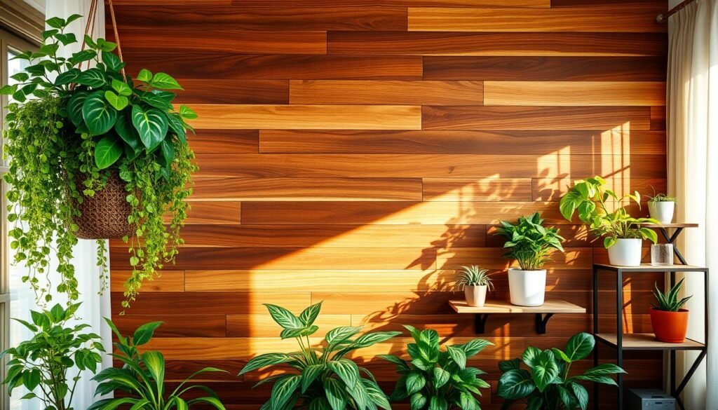 A beautifully crafted wood accent wall serves as the backdrop for an inviting plant display. In the foreground, lush greenery cascades from decorative hanging planters, while vibrant potted plants in varying sizes are strategically placed on stylish, minimalist shelves. The middle ground features the rich texture of the wood wall, accentuated by warm, natural light streaming through a nearby window, casting gentle shadows and highlighting the wood grain. Textured layers of the wall create depth, evoking a cozy, organic atmosphere. The background includes soft, airy curtains that filter sunlight, enhancing the serene ambiance of this stylish interior space. The overall composition captures a harmonious blend of nature and design, making the plants feel purposeful and well-placed against the elegant wood backdrop.