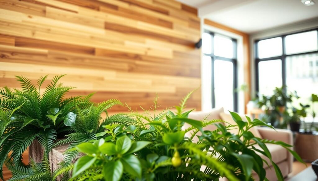 A beautifully crafted wood accent wall set in a cozy living space, featuring rich, warm tones of pine and oak. In the foreground, a variety of lush green plants, such as ferns and pothos, spill over a stylish wooden shelf, creating a natural contrast with the wall. The middle ground showcases a comfortable sofa upholstered in soft, textured fabric, inviting relaxation. In the background, large windows allow bright, soft sunlight to filter in, bathing the room in a warm, airy atmosphere. The scene is captured with a wide-angle lens, emphasizing the inviting and tranquil mood, with details like gentle shadows and highlights that enhance the warmth and texture of the space.