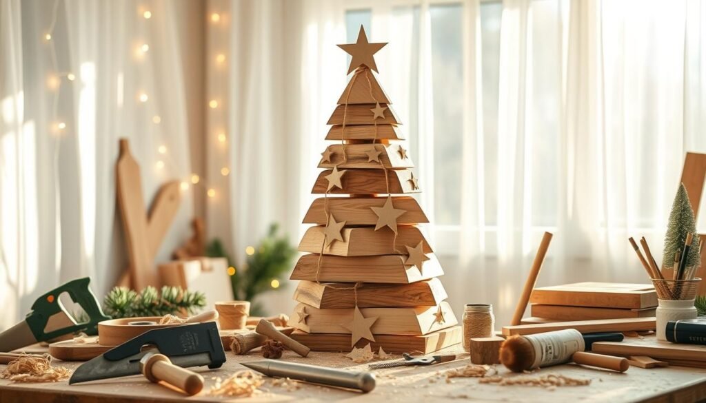 A beautifully crafted wooden Christmas tree DIY project, featuring rustic wooden planks arranged in a conical shape, adorned with simple, handmade decorations like wooden stars and natural twine. In the foreground, display a cozy workspace cluttered with woodworking tools such as a saw, a hammer, and paintbrushes, with wood shavings scattered around. In the middle ground, the wooden tree stands tall against a backdrop of softly glowing fairy lights. The background includes a window with sheer curtains, allowing soft, warm sunlight to fill the scene, casting gentle shadows that create an inviting atmosphere. Aim for a bright, airy feel that captures the essence of seasonal wooden decor, evoking a sense of warmth and nostalgia.
