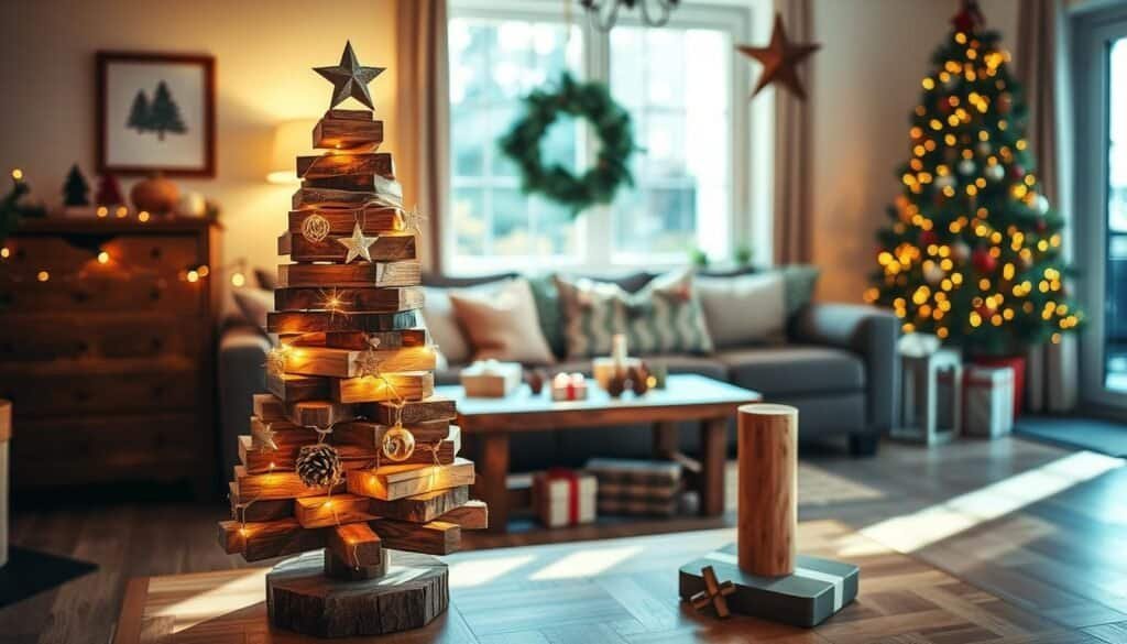 A beautifully crafted wooden Christmas tree display, made from assorted wooden planks, showcases a rustic charm in a cozy living room setting. In the foreground, the tree stands elegantly adorned with simple, handmade ornaments, while warm fairy lights twinkle softly. The middle ground features a wooden table draped with a festive tablecloth, scattered with pinecones and small gifts. In the background, a softly lit window allows natural sunlight to flood the room, casting gentle shadows. The mood is inviting and festive, evoking a sense of warmth and holiday spirit. Captured with a wide-angle lens, the image highlights the details of the craftsmanship and the overall coziness of the space, all under bright, natural light.