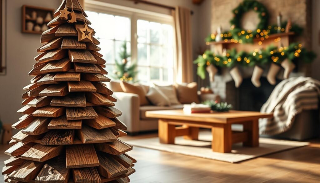 A beautifully crafted wooden Christmas tree sits at the forefront, intricately designed with layered wooden planks and festively adorned with simple, rustic ornaments. In the middle ground, a cozy, warmly lit living room features natural wood elements, such as a wooden coffee table and a plush, inviting sofa draped with a knit throw. Soft sunlight streams through a large window, casting gentle shadows and highlighting the textures of the wood grain. In the background, a decorated mantel with pine garlands and twinkling fairy lights enhances the festive atmosphere. The overall mood is warm and inviting, evoking a sense of comfort and seasonal joy perfect for a home during the holidays.