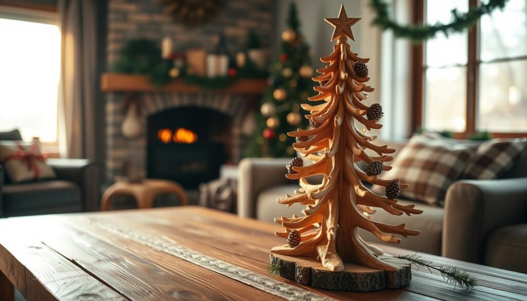 A beautifully crafted wooden Christmas tree sits on a rustic wooden table in a cozy, warmly lit living room. The tree, featuring intricate, hand-cut wooden branches adorned with natural decorations like pinecones and red berries, is the focal point. In the background, a softly lit fireplace adds a warm glow, casting gentle shadows that enhance the homely atmosphere. Bright, natural light streams in through a nearby window, illuminating the tree, and creating an inviting, festive mood. The scene is framed with touches of holiday charm, such as a few wrapped gifts and green garlands. The composition is shot with a slight depth of field, focusing on the detailed textures of the wood while softly blurring the background elements.