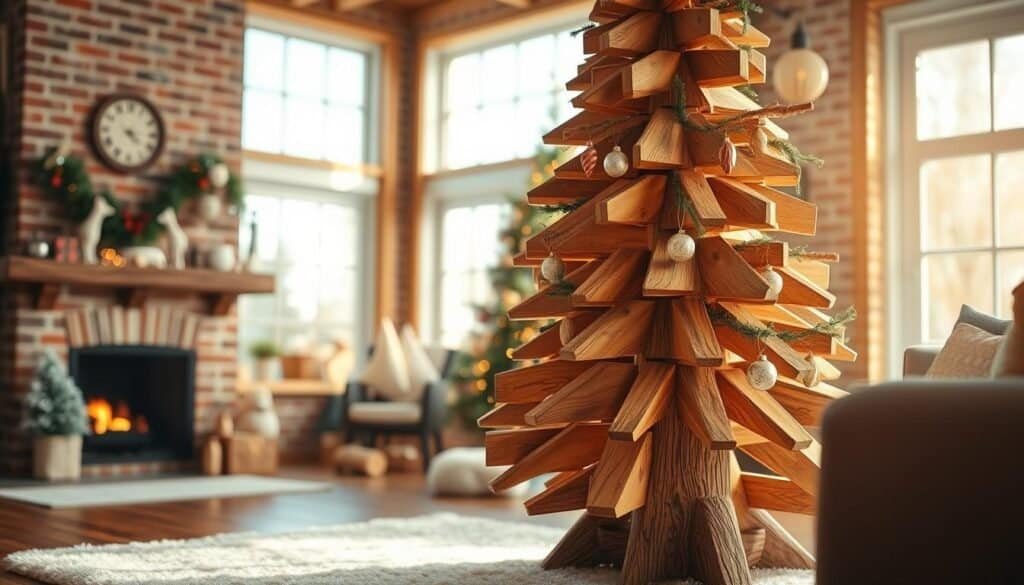 A beautifully crafted wooden Christmas tree stands as a centerpiece in a warm, inviting living room. The tree features a rustic design with varying depths of wooden branches, showcasing a rich, natural wood grain, adorned with simple yet elegant decorations like handmade ornaments and twinkling fairy lights. In the foreground, a cozy, soft rug complements the tree’s natural tones. The middle ground highlights a brick fireplace with gentle flames that cast a soft glow, while in the background, large windows allow bright, natural sunlight to filter in, enhancing the cheerful atmosphere. The entire scene evokes a festive yet homey ambiance, perfect for holiday celebrations. Shot in soft sunlight from a slight angle to capture the tree's texture and the warmth of the setting.