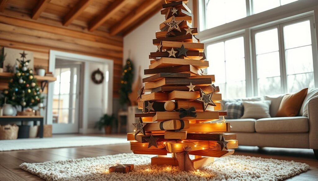 A beautifully crafted wooden Christmas tree stands in a cozy living room, showcasing a unique design made from various shades of natural wood. The tree is adorned with handmade ornaments, such as wooden stars and rustic burlap ribbons, enhancing its charm. In the foreground, a warm, softly glowing string of lights wraps around the base, bringing a festive sparkle. The middle ground features a plush, neutral-colored rug that complements the wooden tones, creating a welcoming space. In the background, large windows let in bright, natural light, casting gentle shadows and illuminating the space with an airy feel. The mood is joyful and inviting, perfect for the holiday season, conveying a sense of warmth and creativity in home décor.