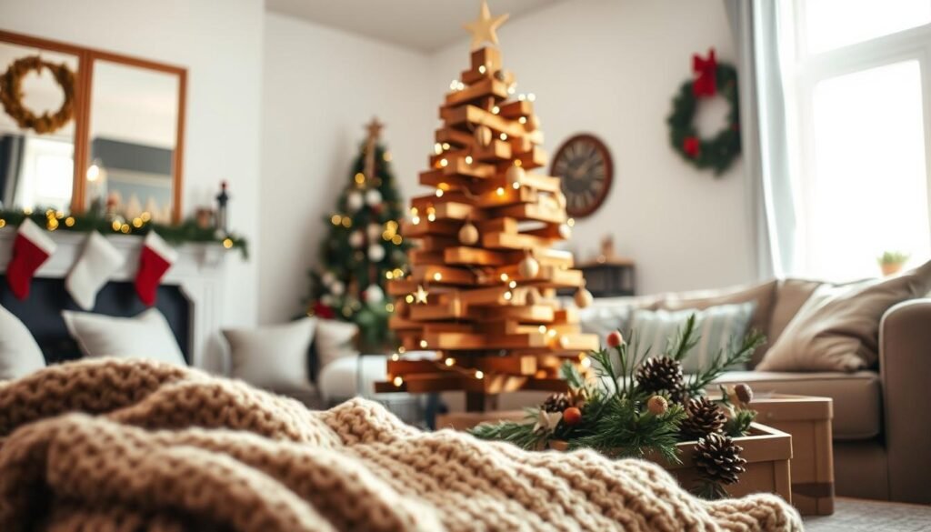 A beautifully crafted wooden Christmas tree stands prominently in a cozy living room, showcasing an artful DIY design made from reclaimed wood. The tree features layered branches with a rustic finish, adorned with soft white fairy lights and delicate wooden ornaments. In the foreground, a warm, textured knitted blanket invites a sense of comfort. The middle ground reveals the tree as the focal point, surrounded by a festive arrangement of pinecones and seasonal greenery. The background offers glimpses of softly blurred holiday decorations, enhancing the warm atmosphere of a family gathering. Bright, natural light streams in through a nearby window, casting gentle shadows and highlighting the craftsmanship of the tree. The scene evokes warmth, nostalgia, and a spirit of holiday cheer, perfect for an heirloom creation.