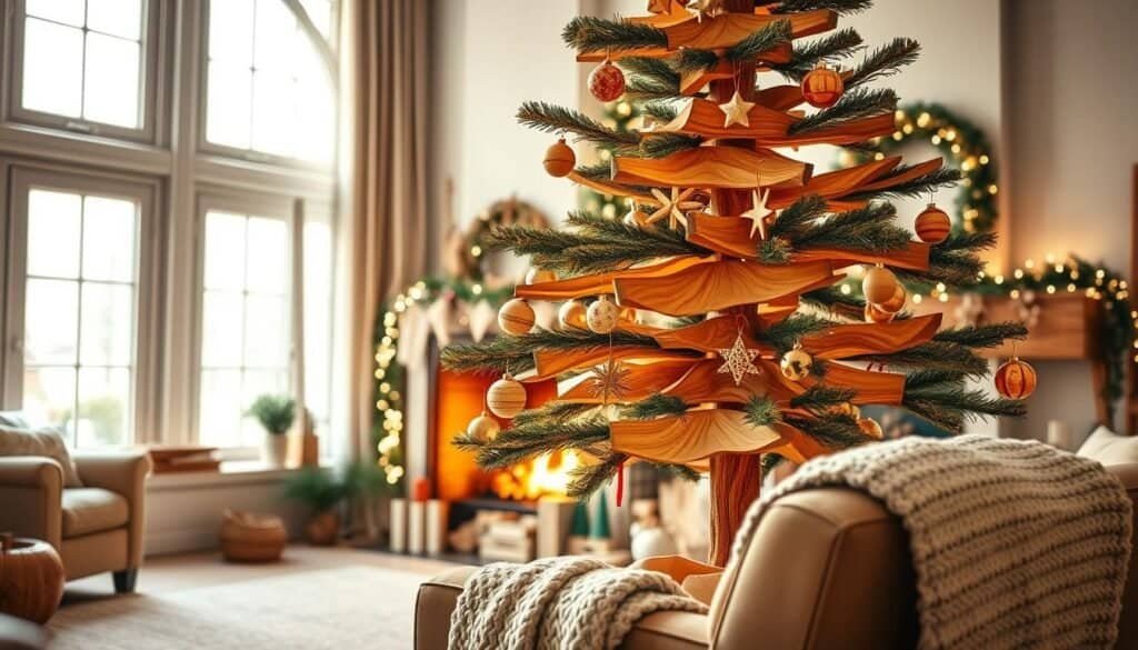 A beautifully crafted wooden Christmas tree stands proudly in a cozy, well-lit living room, showcasing intricate layers of natural wood with a smooth finish. Its branches are adorned with simple, handmade ornaments in warm, earthy tones, reflecting a rustic holiday charm. In the foreground, a soft, knitted throw drapes over a comfortable armchair, while twinkling fairy lights add a touch of magic. The middle ground features a warm, inviting fireplace with softly flickering flames, surrounded by festive decorations, enhancing the holiday atmosphere. The background reveals a large window bathed in bright, natural light, casting a soft glow that highlights the tree’s textures. The overall mood is warm, inviting, and perfect for family gatherings, emphasizing practicality and the joy of DIY creativity.