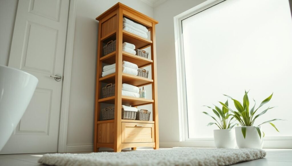 A beautifully crafted wooden bathroom storage tower stands elegantly in a serene, brightly lit bathroom. The tower, with clean lines and natural wood grain, is filled with neatly organized towels, toiletries, and decorative baskets. Soft sunlight filters through a frosted window, illuminating the space and creating an airy atmosphere. In the foreground, a plush bath mat adds a touch of comfort, while in the background, soft green plants bring a hint of nature into the scene. The camera angle captures the storage tower from a low perspective, emphasizing its height and craftsmanship. The mood conveys tranquility and organization, inviting viewers to appreciate both the art of woodworking and the benefits of a well-organized bathroom. The setting is free from distractions, allowing full focus on the elegance of the storage tower.