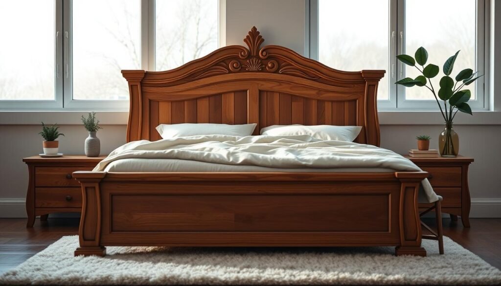 A beautifully crafted wooden bed frame takes center stage in a cozy bedroom setting. The frame features intricate details, made of rich, warm-hued wood, showcasing a natural grain pattern. In the foreground, soft bedding with neutral tones cascades over the bed, inviting relaxation. On either side, minimalistic wooden nightstands hold small potted plants, adding to the warmth of the space. The middle ground features a plush area rug, complementing the wooden elements. In the background, large windows allow soft, airy sunlight to pour in, illuminating the serene atmosphere and highlighting the texture of the wood. The scene conveys a sense of comfort and tranquility, perfect for a cozy retreat. Shot from a slightly elevated angle to capture the layout, this image embodies the essence of a peaceful bedroom oasis.