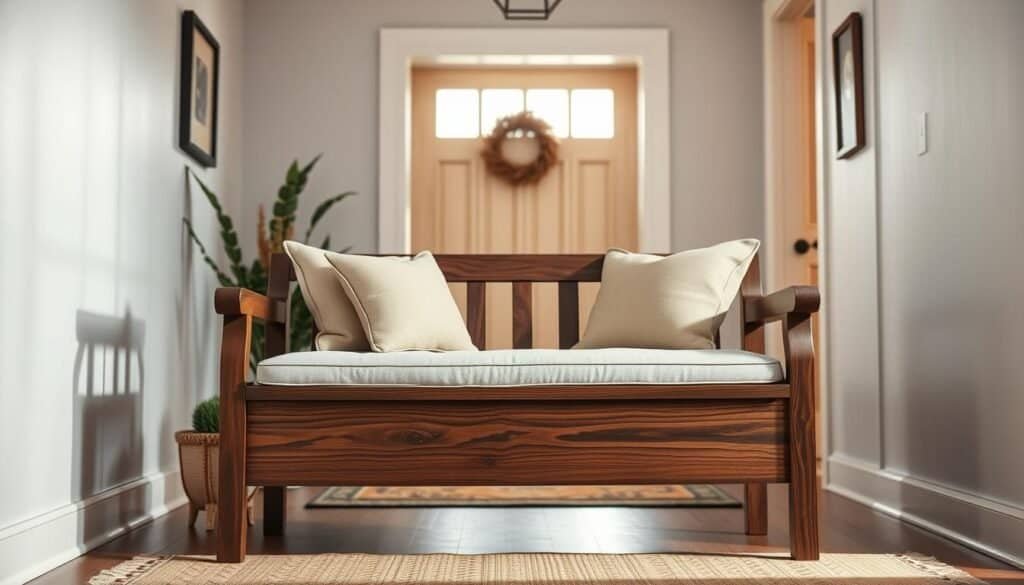 A beautifully crafted wooden entryway bench, made from rich walnut and showcasing intricate grain patterns, stands at the forefront of the image. It features a low, sturdy design with a comfortable backrest and soft, plush cushions in warm neutral tones. To the sides, decorative elements like a small potted plant and a stylish lantern add charm. In the middle ground, light streams through a welcoming open door, illuminating the bench with soft, natural sunlight. The background includes a simple, airy hallway with light-colored walls and a tasteful rug, enhancing the cozy atmosphere. The scene is captured with a shallow depth of field using a 50mm lens, focusing on the bench while gently blurring the surrounding space to create a warm, inviting mood.