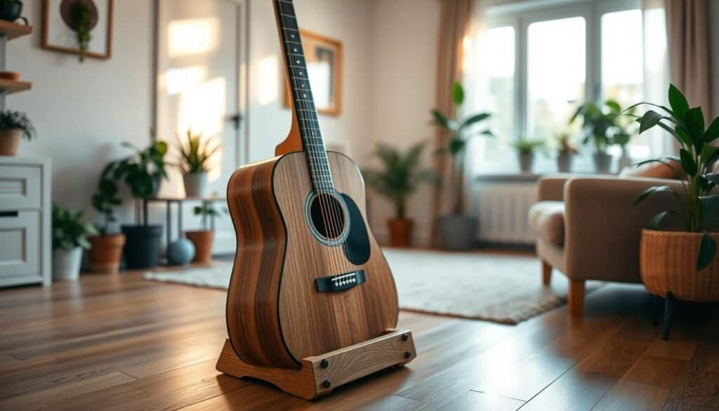 A beautifully crafted wooden guitar holder designed in a minimalistic style, prominently displayed in a cozy living room. The holder is made from rich oak wood with smooth finishes and elegant curves. In the foreground, the guitar holder cradles an acoustic guitar securely, showcasing both the instrument and the craftsmanship of the holder. In the middle background, a soft, airy room is filled with warm, natural light pouring in from a nearby window, illuminating the wooden textures. The scene is further enhanced by various potted plants and a comfortable chair, creating an inviting atmosphere. The overall mood is warm and inviting, capturing the essence of a love for music and DIY woodworking projects. The image is taken from a slight side angle, giving depth and dimension to the scene.