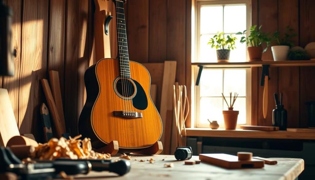A beautifully crafted wooden guitar holder resting against a rustic wooden wall. The holder displays an elegant acoustic guitar, showcasing its polished finish and intricate details. The scene is bathed in bright natural light, with soft sunlight streaming through a nearby window, creating warm highlights and gentle shadows. In the foreground, a well-organized workbench cluttered with woodworking tools, wood shavings, and wood pieces adds an authentic DIY atmosphere. In the background, potted plants flourish on a shelf, enhancing the cozy, inviting mood of the home. The perspective is slightly angled, capturing the depth of the room and the charm of the handmade guitar holder, evoking a sense of craftsmanship and character in a warm, airy space.