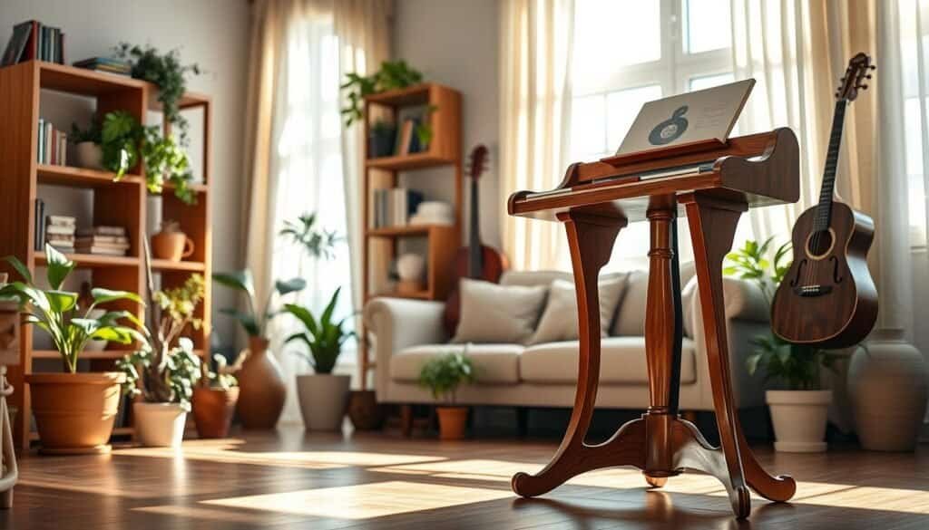 A beautifully crafted wooden music stand, designed with elegant curves and intricate detailing, stands prominently in the foreground. The stand is made from rich mahogany, catching the soft sunlight that filters through a nearby window, creating warm reflections on its polished surface. In the middle ground, a cozy living room setting is featured, adorned with potted plants and wooden shelves that showcase books and musical instruments, adding character to the space. In the background, light curtains dance gently in the breeze, enhancing the airy atmosphere. The scene is illuminated with bright, natural light, accentuating the textures of the wood and creating a warm, inviting mood, perfect for a DIY wood project article.