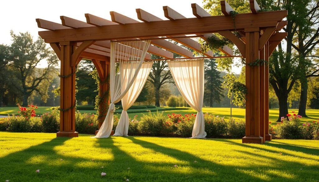 A beautifully crafted wooden pergola stands elegantly in a tranquil garden setting, showcasing intricate joinery and a rich, warm wood grain. The foreground features a lush green lawn dotted with colorful flowers, enhancing the natural aesthetic. In the middle ground, the pergola is adorned with climbing vines and soft, flowing curtains that flutter gently in the breeze, creating a cozy shaded space underneath. The background reveals a serene landscape with tall trees filtering soft sunlight, casting pleasing shadows across the area. The scene is captured in bright natural light during golden hour, giving it a warm, inviting glow. Use a wide-angle lens to portray depth and richness in details. The overall mood is peaceful and elegant, perfect for a stylish outdoor retreat.