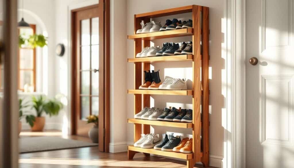 A beautifully crafted wooden shoe rack stands against a wall in a bright entryway. The shoe rack features multiple tiers made of rich, warm-toned wood with natural grain visible, showcasing a simple yet modern design. Neatly arranged shoes of various styles and colors adorn the shelves, accentuating the functionality of the piece. Soft sunlight filters in through a nearby window, casting gentle shadows and creating a cozy, inviting atmosphere. The background reveals a hint of fresh greenery from potted plants, enhancing the natural feel of the scene. The composition captures the essence of DIY home décor, evoking a sense of calm and organization, with a focus on craftsmanship and simplicity. Shot with a shallow depth of field to keep the shoe rack in crisp focus while softly blurring the background.