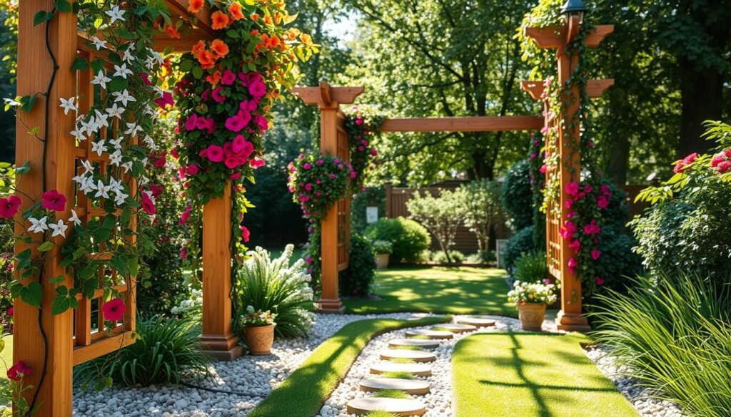 A beautifully crafted wooden trellis adorned with a variety of vibrant outdoor plants, including climbing vines, colorful flowers, and lush greenery. In the foreground, the trellis is decorated with delicate, fragrant jasmine and bright, cascading petunias, showcasing a warm, inviting aesthetic. The middle ground features a well-maintained garden path leading up to the trellis, with small pebbles and ornamental stones framed by neatly trimmed grass. In the background, soft sunlight filters through leafy trees, creating dappled shadows on the ground. The composition captures the essence of a tranquil outdoor space, filled with natural light that enhances the warm wood tones of the trellis, evoking a serene, inviting atmosphere. The angle is slightly elevated, showcasing the height and depth of the plant display.