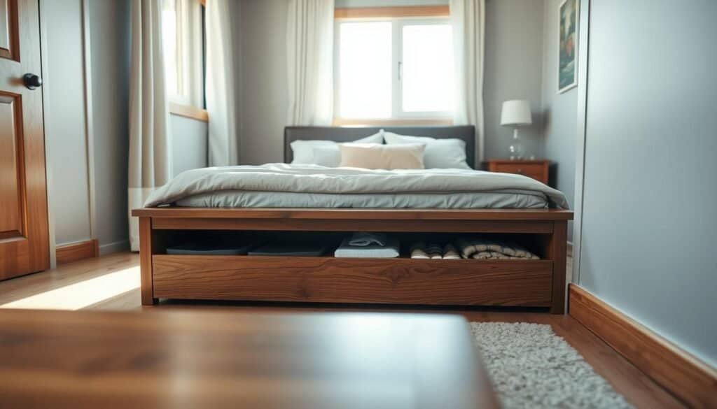 A beautifully crafted wooden under-bed storage unit elegantly positioned in a cozy, small bedroom. The foreground features the storage unit, showcasing its smooth, rich wood grain with neatly organized boxes and items inside, hinting at a clutter-free lifestyle. In the middle background, a tastefully made bed with soft, neutral-colored linens complements the storage, while a small bedside table holds a simple lamp casting soft, warm light. The scene is illuminated by bright, natural sunlight streaming in through a nearby window, creating an airy and inviting atmosphere. The entire composition reflects a harmonious blend of functionality and style in a well-designed small space, emphasizing the clever use of under-bed storage as a solution for clutter.