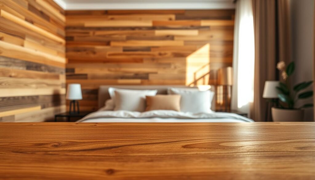 A beautifully crafted wooden wall treatment in a cozy bedroom setting, featuring a mix of accent wall and full paneling designs. In the foreground, the textured grain of the wood is highlighted, showcasing rich, warm tones and detailed craftsmanship. The middle layer includes a plush bed dressed in soft, neutral linens, with decorative pillows adding a touch of color. Behind the bed, the wooden wall treatment is lit by soft, natural sunlight streaming through a window, creating gentle shadows that enhance the wood's features. The background is softly blurred, suggesting a serene, airy ambiance with plants or art pieces subtly visible. The scene conveys a tranquil, inviting mood, perfect for a relaxed space. Capture this setting with a warm color palette and soft focus for an intimate feel.