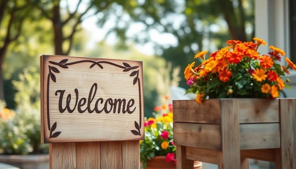 A beautifully crafted wooden welcome sign, elegantly distressed with a rustic finish, positioned prominently in the foreground. The sign is adorned with intricate carvings of leaves and vines, conveying a warm, inviting feel. Next to it, a charming wooden planter bursting with vibrant seasonal flowers, such as petunias and marigolds, adds color and life. The middle ground features a soft, blurred garden setting with gentle greenery, providing a serene backdrop. In the background, a sun-drenched, airy outdoor space with soft sunlight filters through trees, enhancing the tranquil atmosphere. Capture this scene with a shallow depth of field, using a wide-angle lens to evoke a cozy and peaceful mood suitable for DIY home décor lovers. The overall image should radiate calmness and inspiration for weekend projects.